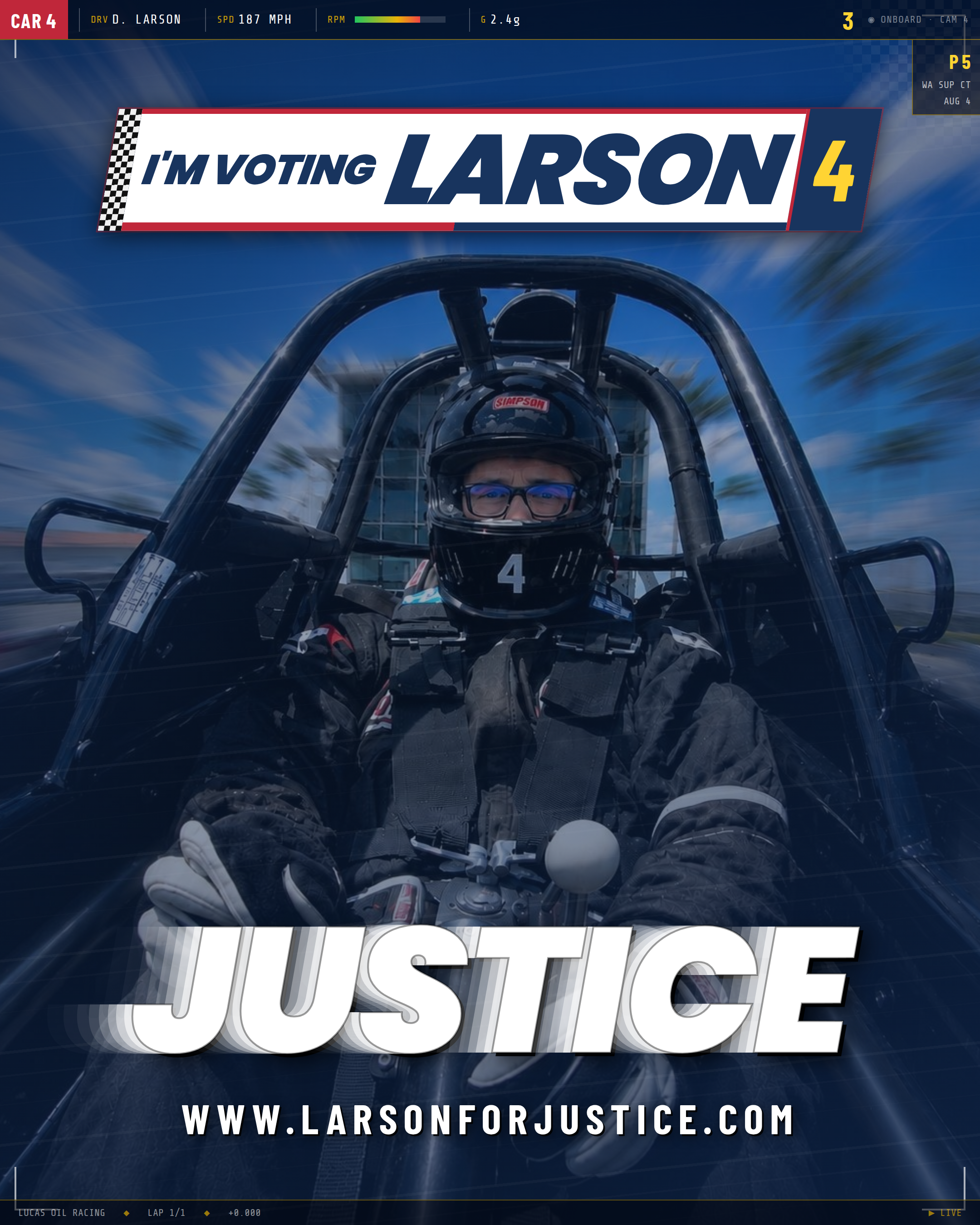 Race-for-justice racing-themed graphic for Dave Larson, portrait format