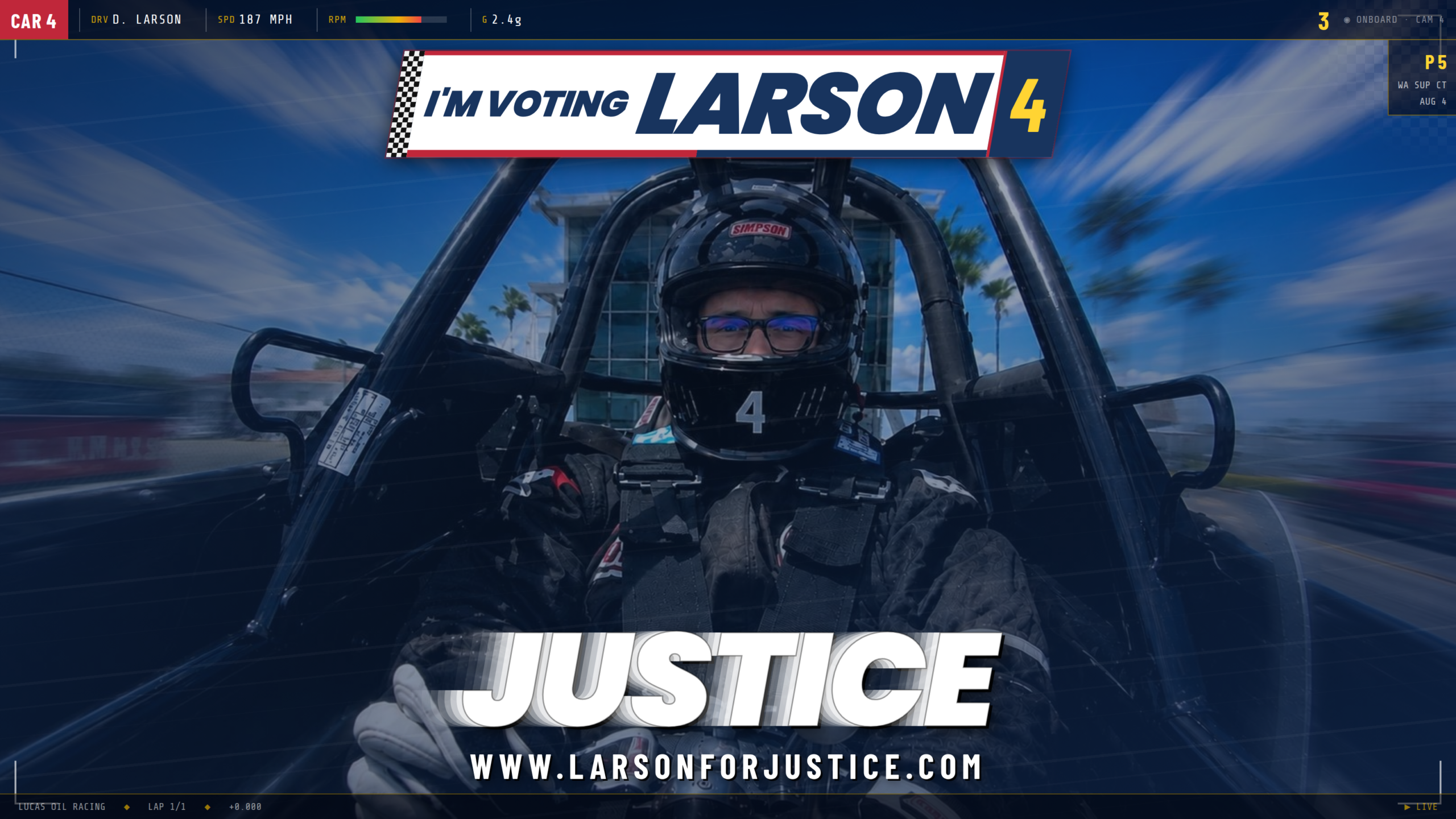 Race-for-justice racing-themed graphic for Dave Larson, wide format
